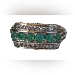 Vintage Sterling Silver Emerald & Cubic Zirconia Art Deco Style Ring